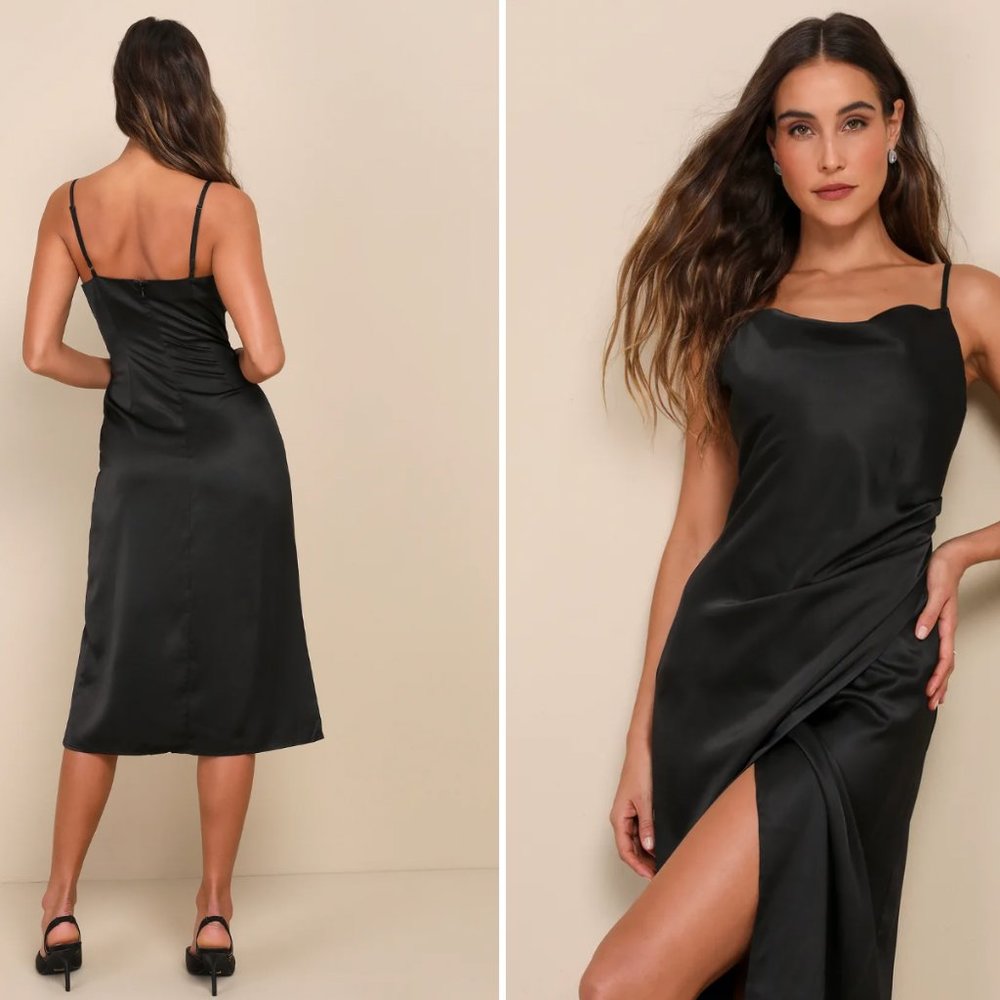Lulu's Hollywood Woman Black Satin Midi Dress